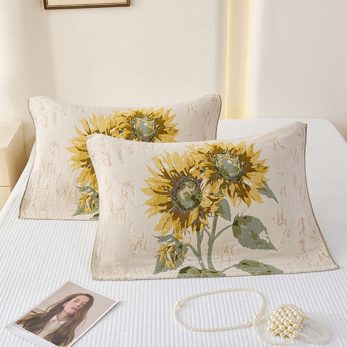 91家纺网 家纺一手货源 找家纺 棠薇家纺 2025新款纯棉纱布枕巾水洗全棉枕巾色织提花透气排汗预缩水 向阳花