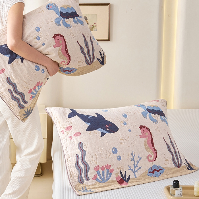 91家纺网 家纺一手货源 找家纺 棠薇家纺 2025新款纯棉纱布枕巾水洗全棉枕巾色织提花透气排汗预缩水 海底世界