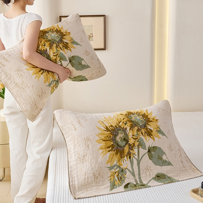 91家纺网 家纺一手货源 找家纺 棠薇家纺 2025新款纯棉纱布枕巾水洗全棉枕巾色织提花透气排汗预缩水 向阳花