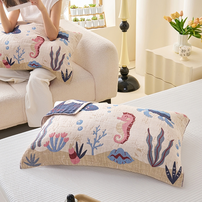 91家纺网 家纺一手货源 找家纺 棠薇家纺 2025新款纯棉纱布枕巾水洗全棉枕巾色织提花透气排汗预缩水 海底世界