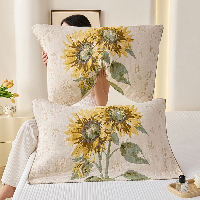 91家纺网 家纺一手货源 找家纺 棠薇家纺 2025新款纯棉纱布枕巾水洗全棉枕巾色织提花透气排汗预缩水 向阳花