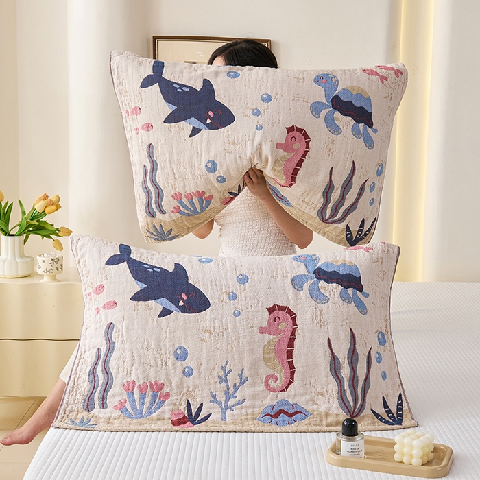 91家纺网 家纺一手货源 找家纺 棠薇家纺 2025新款纯棉纱布枕巾水洗全棉枕巾色织提花透气排汗预缩水 海底世界