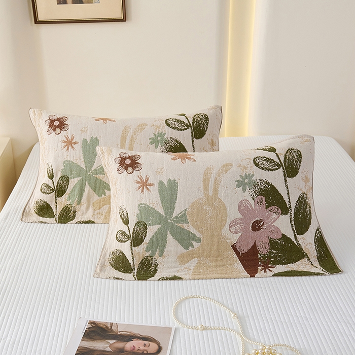 91家纺网 家纺一手货源 找家纺 棠薇家纺 2025新款纯棉纱布枕巾水洗全棉枕巾色织提花透气排汗预缩水 复活兔