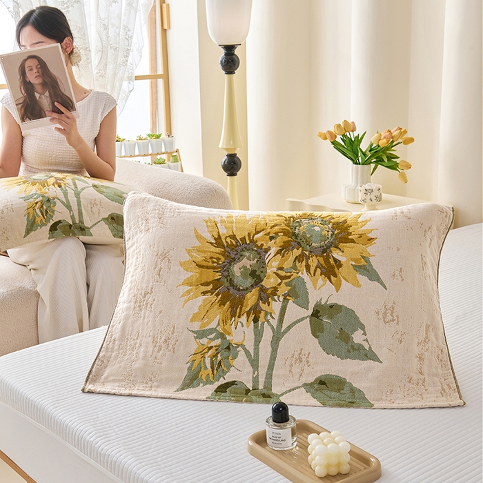 91家纺网 家纺一手货源 找家纺 棠薇家纺 2025新款纯棉纱布枕巾水洗全棉枕巾色织提花透气排汗预缩水 向阳花