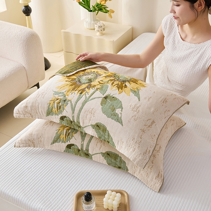 91家纺网 家纺一手货源 找家纺 棠薇家纺 2025新款纯棉纱布枕巾水洗全棉枕巾色织提花透气排汗预缩水 向阳花