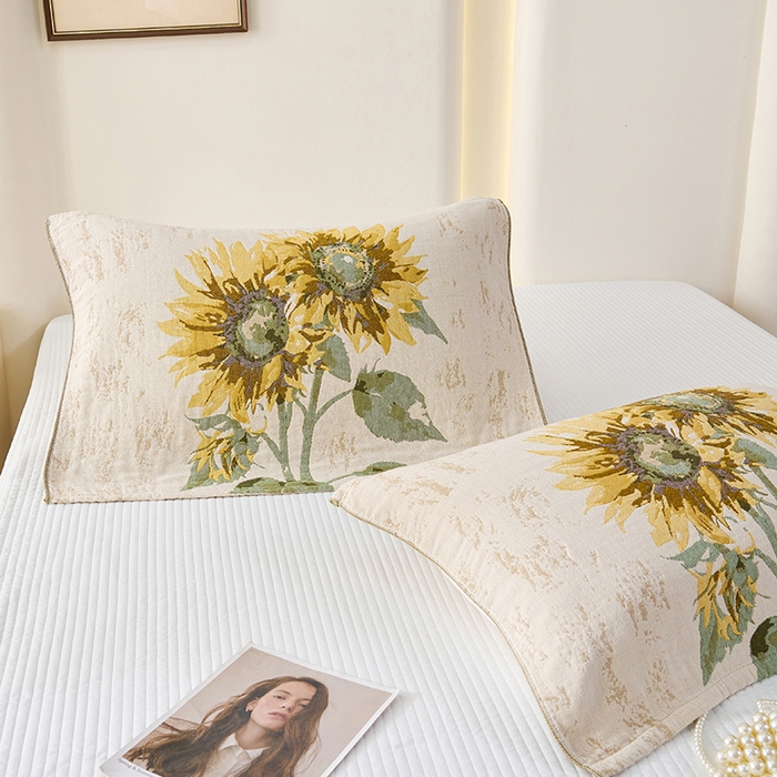 91家纺网 家纺一手货源 找家纺 棠薇家纺 2025新款纯棉纱布枕巾水洗全棉枕巾色织提花透气排汗预缩水 向阳花