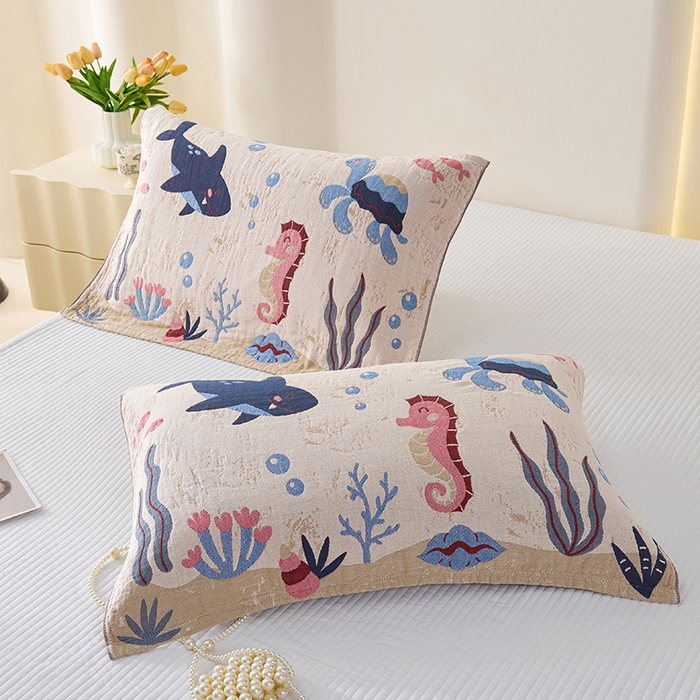 91家纺网 家纺一手货源 找家纺 棠薇家纺 2025新款纯棉纱布枕巾水洗全棉枕巾色织提花透气排汗预缩水 海底世界
