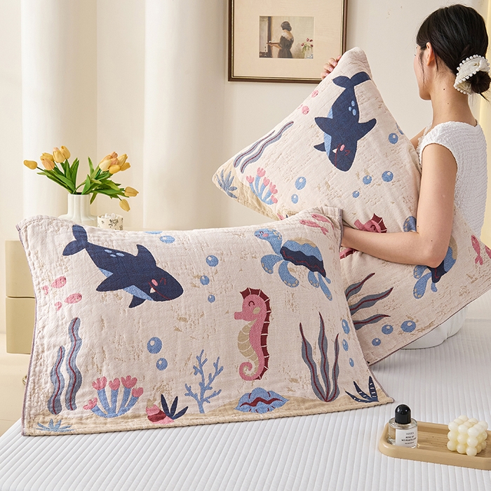 棠薇家纺 2025新款纯棉纱布枕巾水洗全棉枕巾色织提花透气排汗预缩水 海底世界