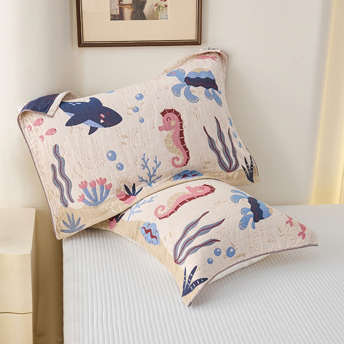 91家纺网 家纺一手货源 找家纺 棠薇家纺 2025新款纯棉纱布枕巾水洗全棉枕巾色织提花透气排汗预缩水 海底世界