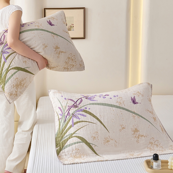 91家纺网 家纺一手货源 找家纺 棠薇家纺 2025新款纯棉纱布枕巾水洗全棉枕巾色织提花透气排汗预缩水 兰草