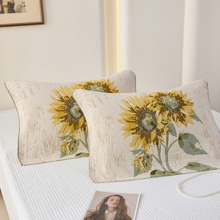 91家纺网 家纺一手货源 找家纺 棠薇家纺 2025新款纯棉纱布枕巾水洗全棉枕巾色织提花透气排汗预缩水 向阳花