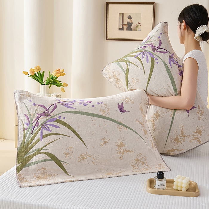 棠薇家纺 2025新款纯棉纱布枕巾水洗全棉枕巾色织提花透气排汗预缩水 兰草