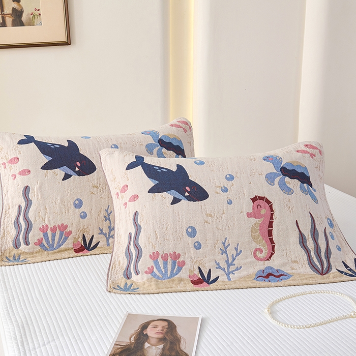 91家纺网 家纺一手货源 找家纺 棠薇家纺 2025新款纯棉纱布枕巾水洗全棉枕巾色织提花透气排汗预缩水 海底世界