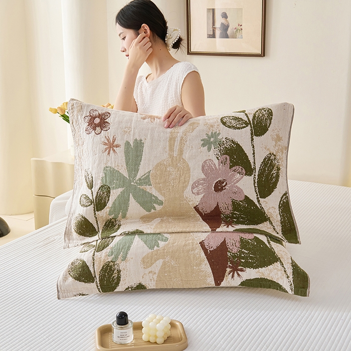 91家纺网 家纺一手货源 找家纺 棠薇家纺 2025新款纯棉纱布枕巾水洗全棉枕巾色织提花透气排汗预缩水 复活兔