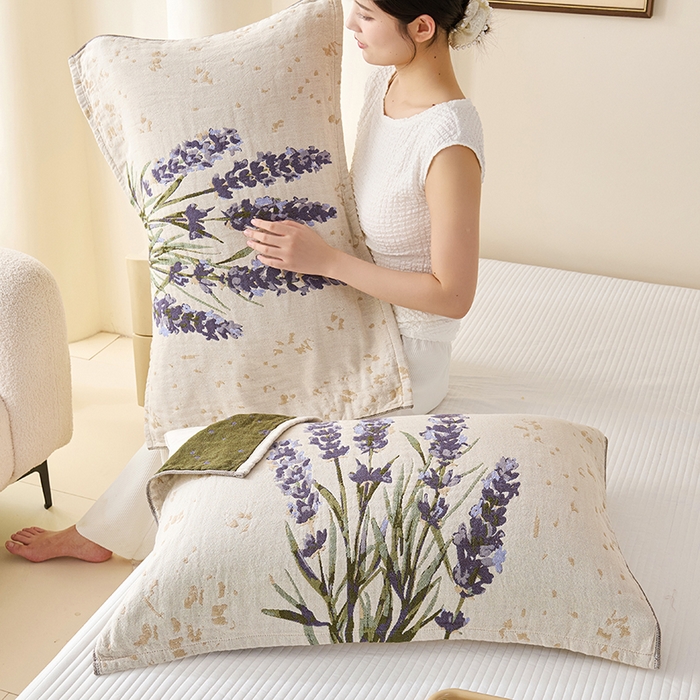 91家纺网 家纺一手货源 找家纺 棠薇家纺 2025新款纯棉纱布枕巾水洗全棉枕巾色织提花透气排汗预缩水 薰衣草