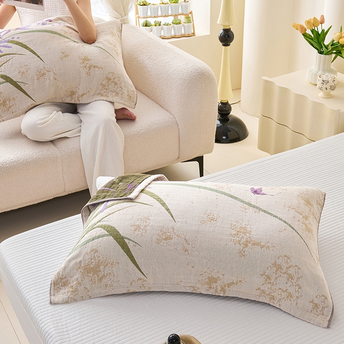 91家纺网 家纺一手货源 找家纺 棠薇家纺 2025新款纯棉纱布枕巾水洗全棉枕巾色织提花透气排汗预缩水 兰草