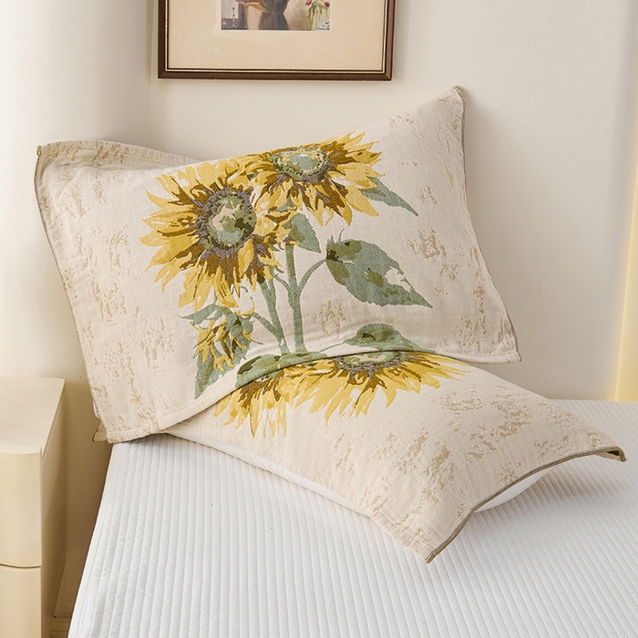 91家纺网 家纺一手货源 找家纺 棠薇家纺 2025新款纯棉纱布枕巾水洗全棉枕巾色织提花透气排汗预缩水 向阳花