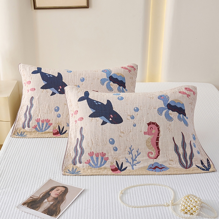 91家纺网 家纺一手货源 找家纺 棠薇家纺 2025新款纯棉纱布枕巾水洗全棉枕巾色织提花透气排汗预缩水 海底世界