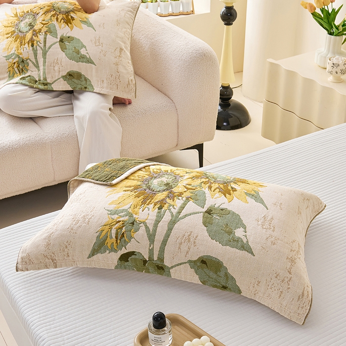 91家纺网 家纺一手货源 找家纺 棠薇家纺 2025新款纯棉纱布枕巾水洗全棉枕巾色织提花透气排汗预缩水 向阳花