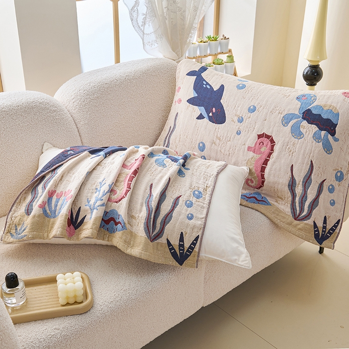 91家纺网 家纺一手货源 找家纺 棠薇家纺 2025新款纯棉纱布枕巾水洗全棉枕巾色织提花透气排汗预缩水 海底世界