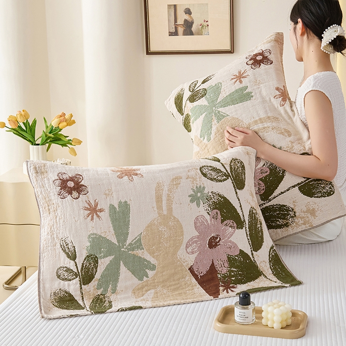 棠薇家纺 2025新款纯棉纱布枕巾水洗全棉枕巾色织提花透气排汗预缩水 复活兔