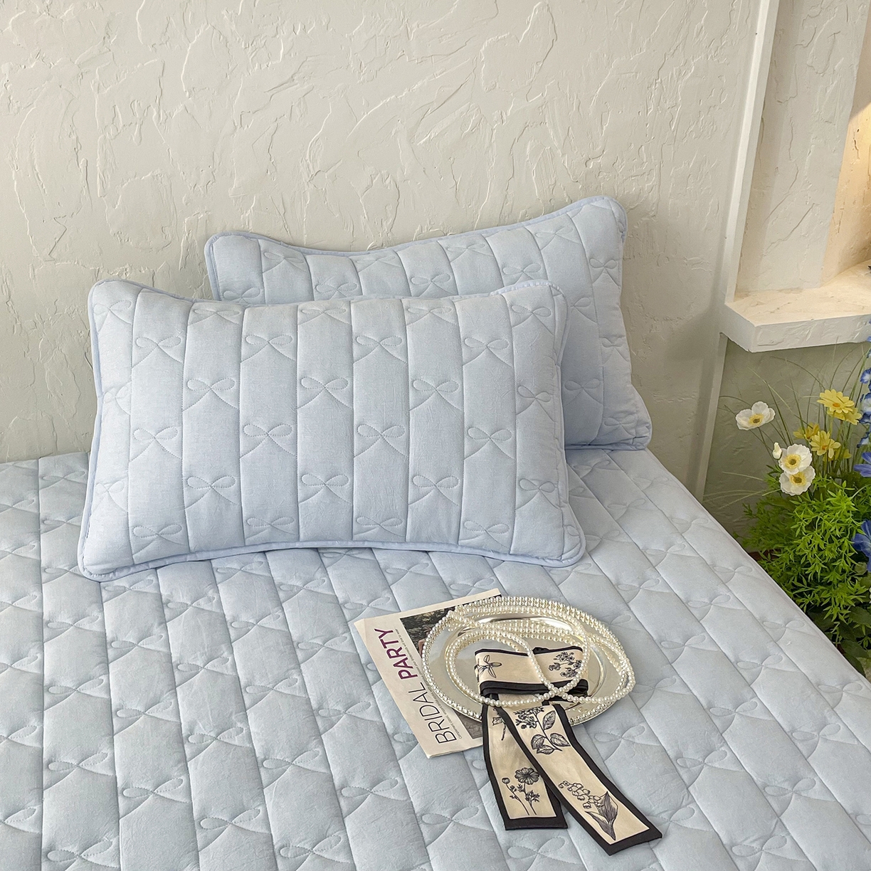 91家纺网 家纺一手货源 找家纺 豪选家纺 2025新款纯棉花边夹棉棉花床笠 花边床笠-湖蓝澄澈