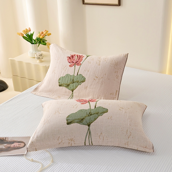 91家纺网 家纺一手货源 找家纺 棠薇家纺 2025新款纯棉纱布枕巾水洗全棉枕巾色织提花透气排汗预缩水 听荷