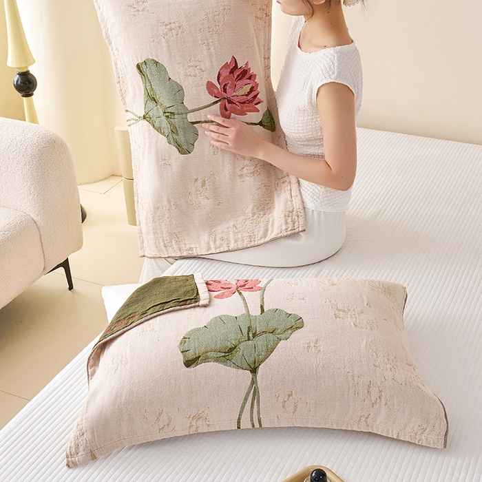 91家纺网 家纺一手货源 找家纺 棠薇家纺 2025新款纯棉纱布枕巾水洗全棉枕巾色织提花透气排汗预缩水 听荷