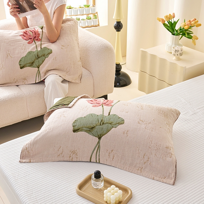 91家纺网 家纺一手货源 找家纺 棠薇家纺 2025新款纯棉纱布枕巾水洗全棉枕巾色织提花透气排汗预缩水 听荷