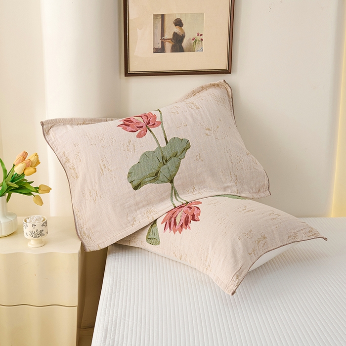 91家纺网 家纺一手货源 找家纺 棠薇家纺 2025新款纯棉纱布枕巾水洗全棉枕巾色织提花透气排汗预缩水 听荷