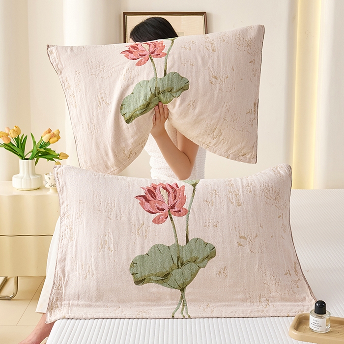 91家纺网 家纺一手货源 找家纺 棠薇家纺 2025新款纯棉纱布枕巾水洗全棉枕巾色织提花透气排汗预缩水 听荷