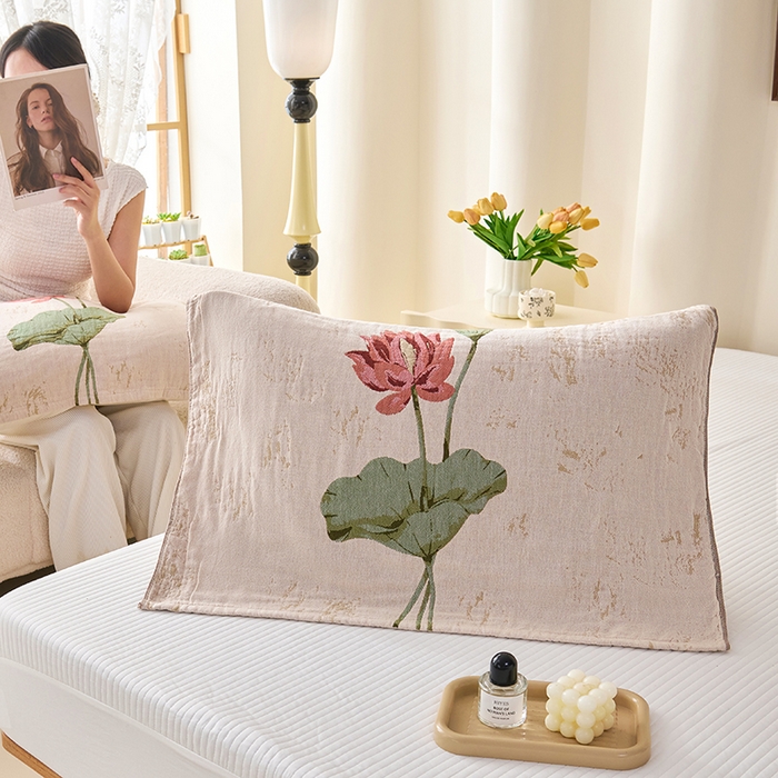 91家纺网 家纺一手货源 找家纺 棠薇家纺 2025新款纯棉纱布枕巾水洗全棉枕巾色织提花透气排汗预缩水 听荷