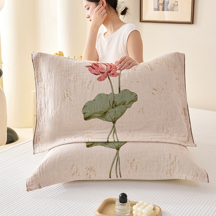 91家纺网 家纺一手货源 找家纺 棠薇家纺 2025新款纯棉纱布枕巾水洗全棉枕巾色织提花透气排汗预缩水 听荷