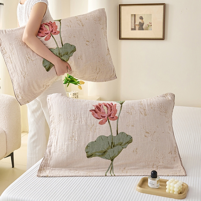 91家纺网 家纺一手货源 找家纺 棠薇家纺 2025新款纯棉纱布枕巾水洗全棉枕巾色织提花透气排汗预缩水 听荷