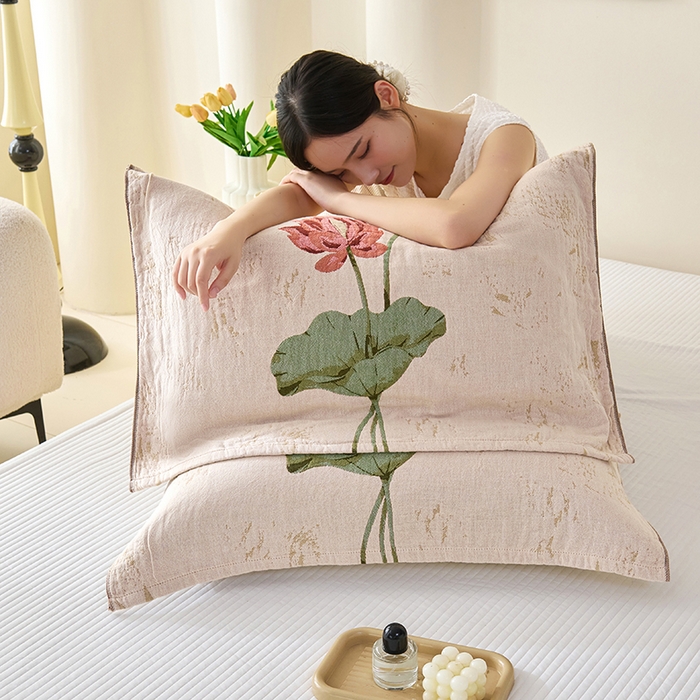 91家纺网 家纺一手货源 找家纺 棠薇家纺 2025新款纯棉纱布枕巾水洗全棉枕巾色织提花透气排汗预缩水 听荷