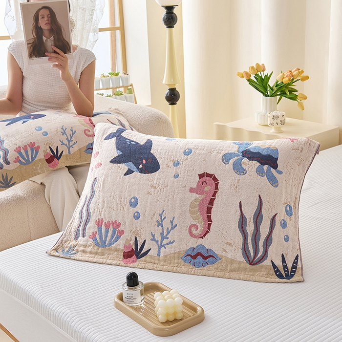 91家纺网 家纺一手货源 找家纺 棠薇家纺 2025新款纯棉纱布枕巾水洗全棉枕巾色织提花透气排汗预缩水 海底世界