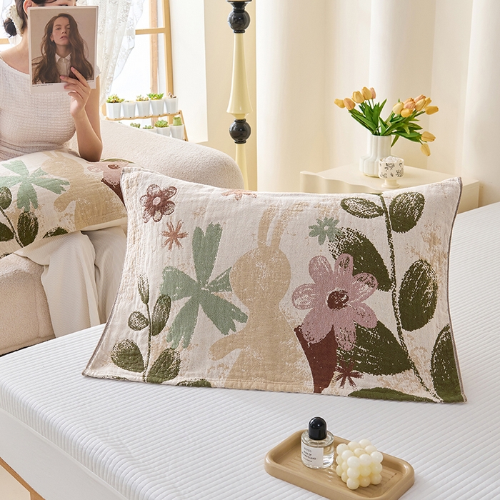 91家纺网 家纺一手货源 找家纺 棠薇家纺 2025新款纯棉纱布枕巾水洗全棉枕巾色织提花透气排汗预缩水 复活兔