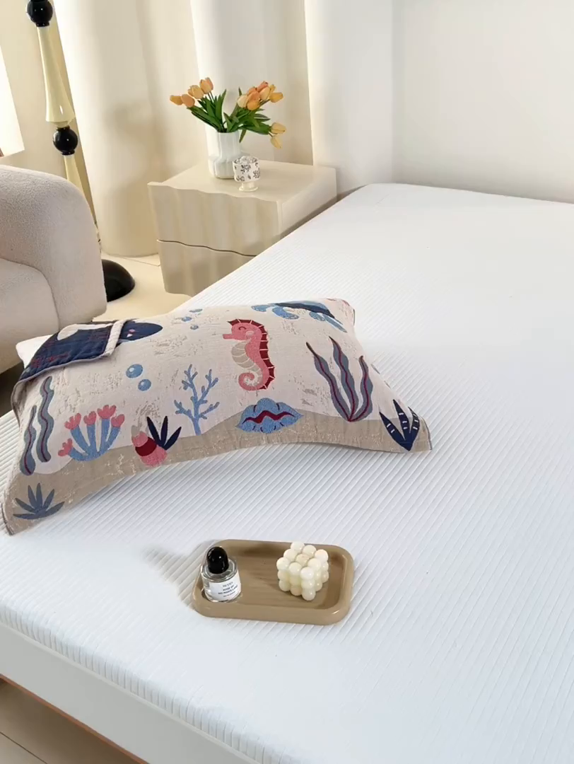 91家纺网 家纺一手货源 找家纺 棠薇家纺 2025新款纯棉纱布枕巾水洗全棉枕巾色织提花透气排汗预缩水 海底世界