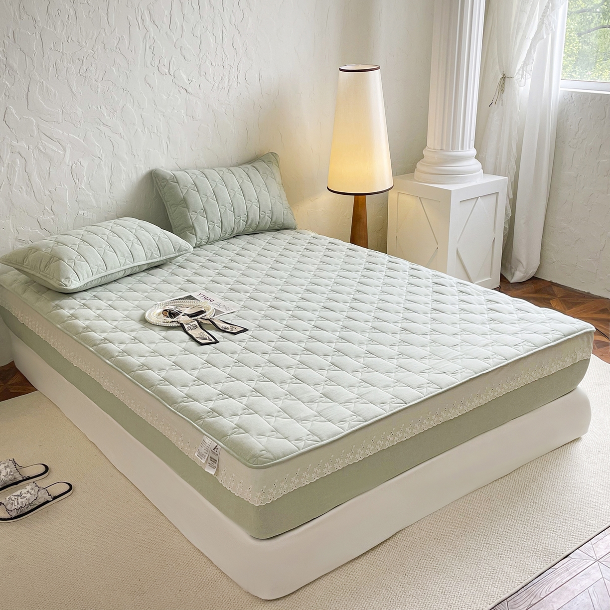 91家纺网 家纺一手货源 找家纺 豪选家纺 2025新款纯棉花边夹棉棉花床笠 花边床笠-翡翠绿萝