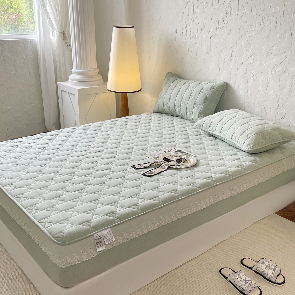 91家纺网 家纺一手货源 找家纺 豪选家纺 2025新款纯棉花边夹棉棉花床笠 花边床笠-翡翠绿萝