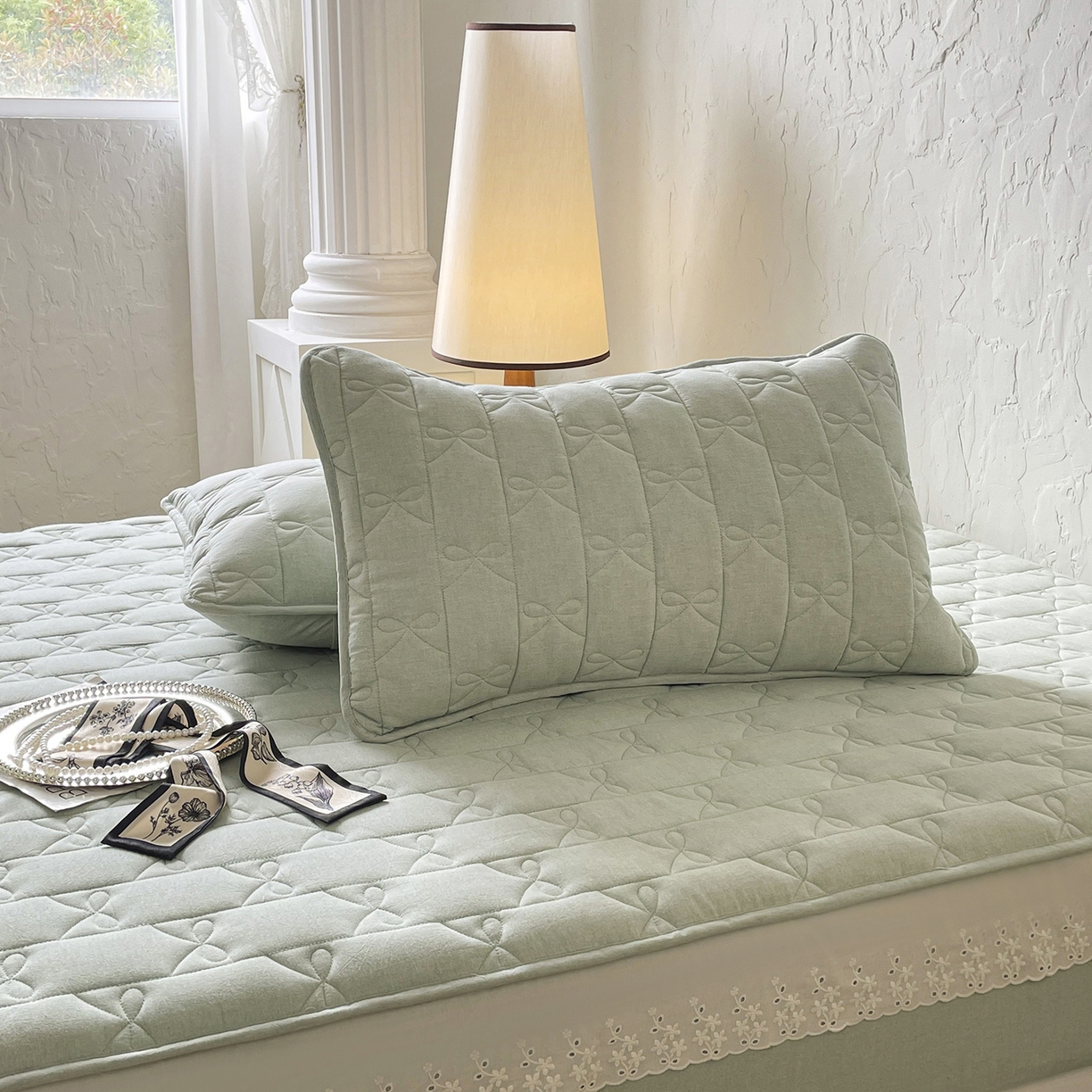 91家纺网 家纺一手货源 找家纺 豪选家纺 2025新款纯棉花边夹棉棉花床笠 花边床笠-翡翠绿萝