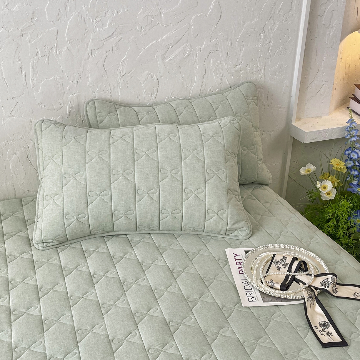 91家纺网 家纺一手货源 找家纺 豪选家纺 2025新款纯棉花边夹棉棉花床笠 花边床笠-翡翠绿萝