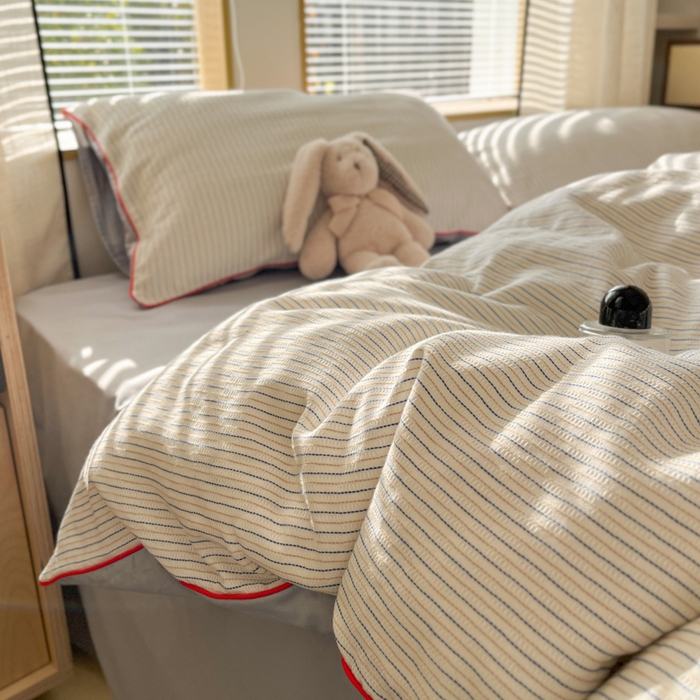 91家纺网 家纺一手货源 找家纺 宜代光年 2025新款全棉纯棉色织提花滚绳款四件套-森韵 森韵-蓝灰