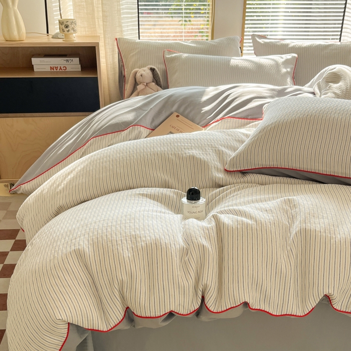 91家纺网 家纺一手货源 找家纺 宜代光年 2025新款全棉纯棉色织提花滚绳款四件套-森韵 森韵-蓝灰