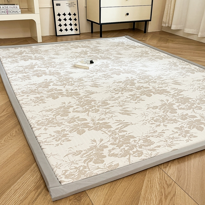 91家纺网 家纺一手货源 找家纺 宜代光年 2025新款冷凝丝提花凉席多功能地垫 凉感繁花床垫-咖