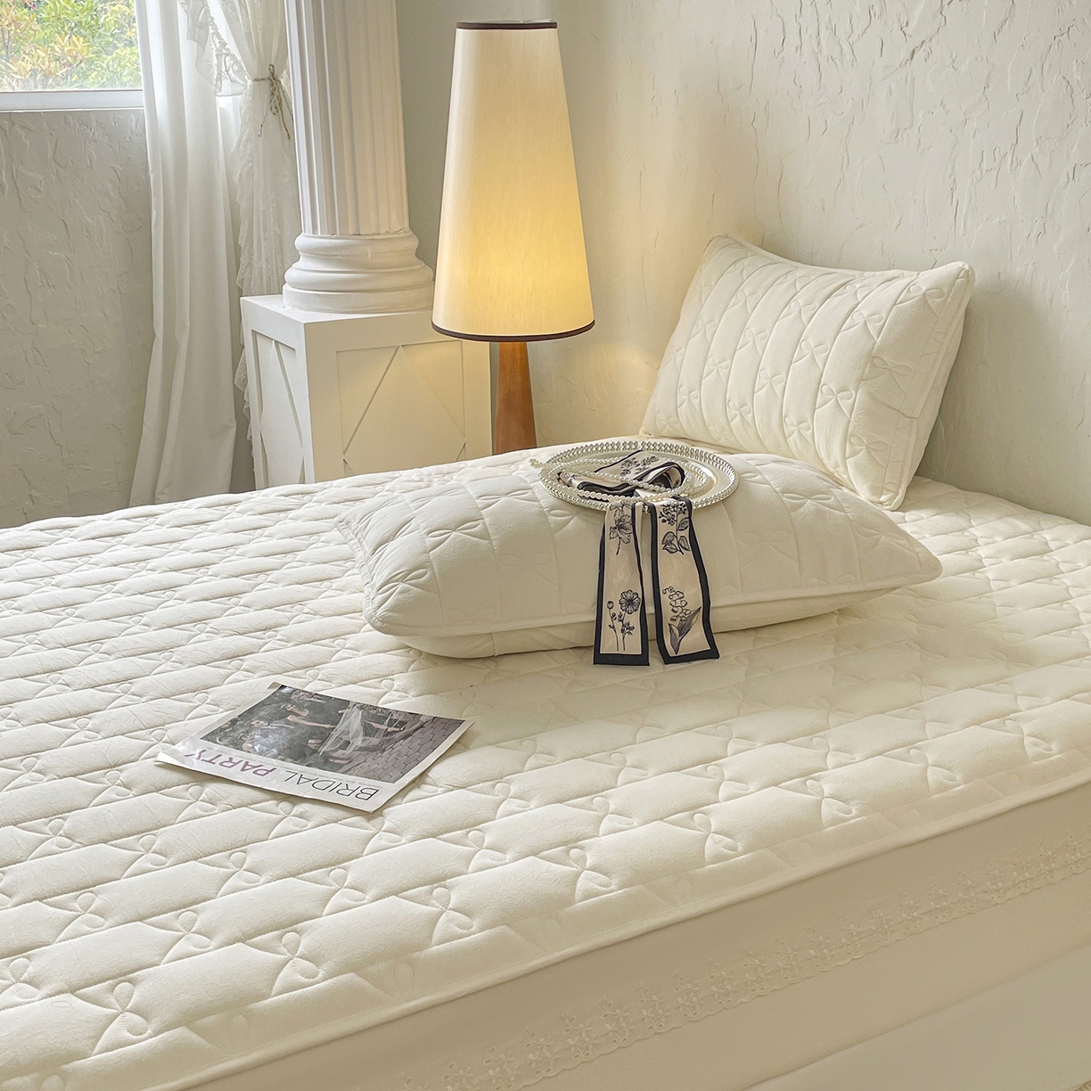 91家纺网 家纺一手货源 找家纺 豪选家纺 2025新款纯棉花边夹棉棉花床笠 花边床笠-柔煦米黄