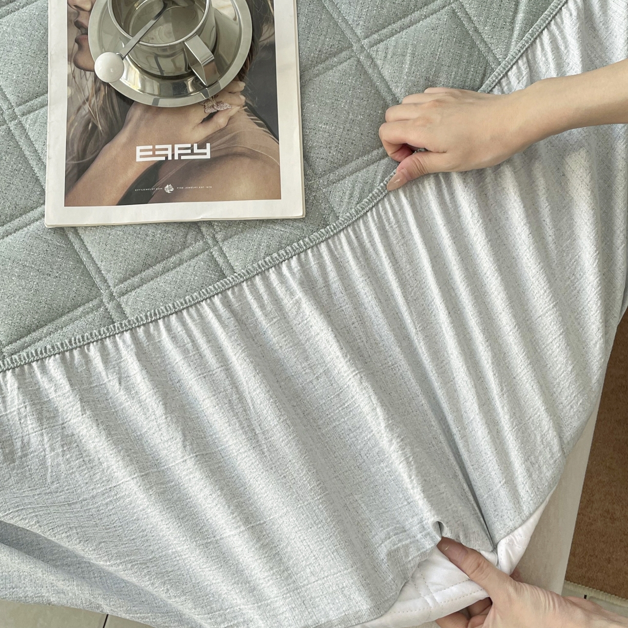 91家纺网 家纺一手货源 找家纺 豪选家纺 2025新款仿亚麻夹棉棉花床笠 青草绿