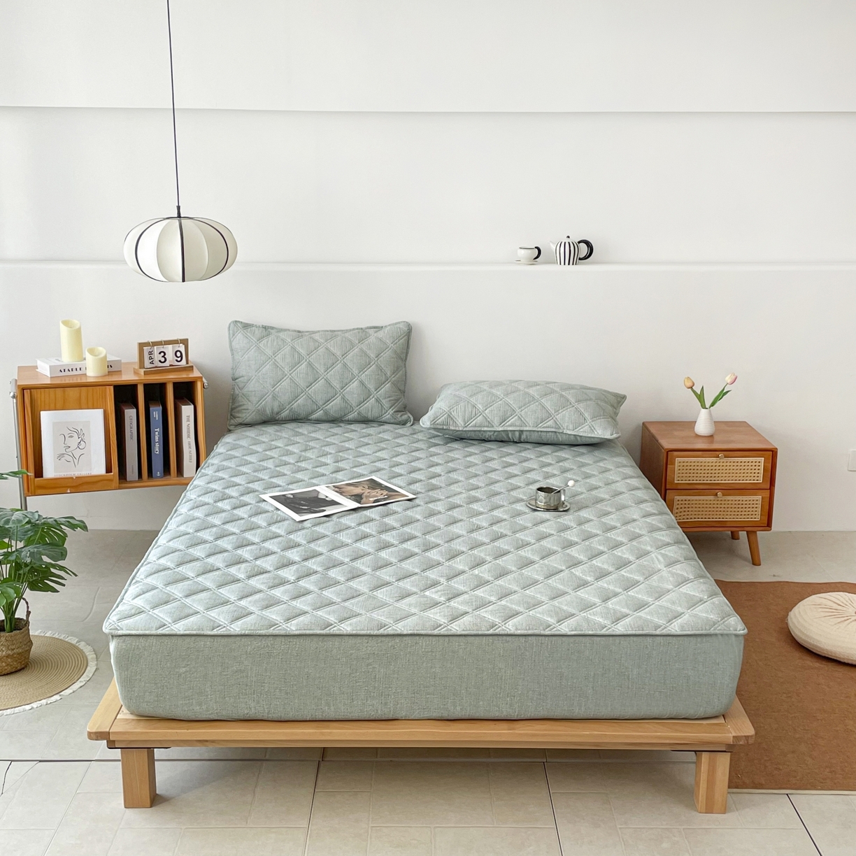 91家纺网 家纺一手货源 找家纺 豪选家纺 2025新款仿亚麻夹棉棉花床笠 青草绿