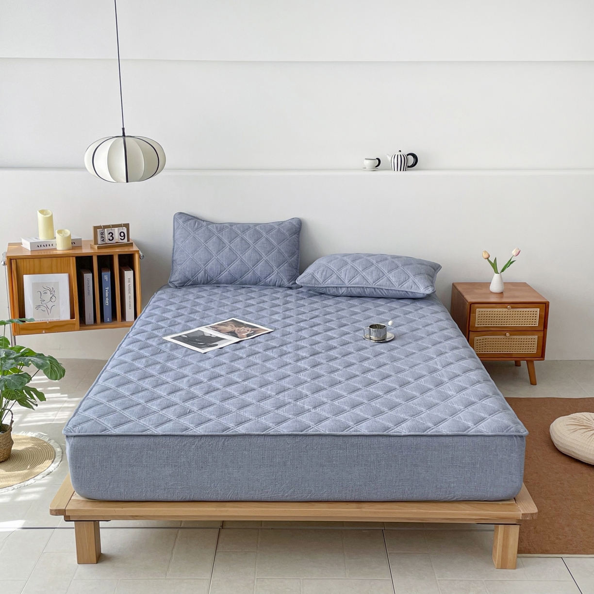 91家纺网 家纺一手货源 找家纺 豪选家纺 2025新款仿亚麻夹棉棉花床笠 水墨蓝