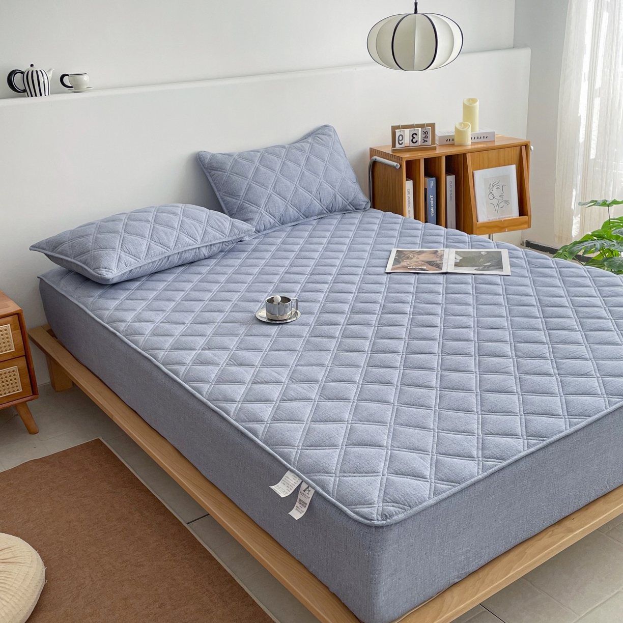 91家纺网 家纺一手货源 找家纺 豪选家纺 2025新款仿亚麻夹棉棉花床笠 水墨蓝